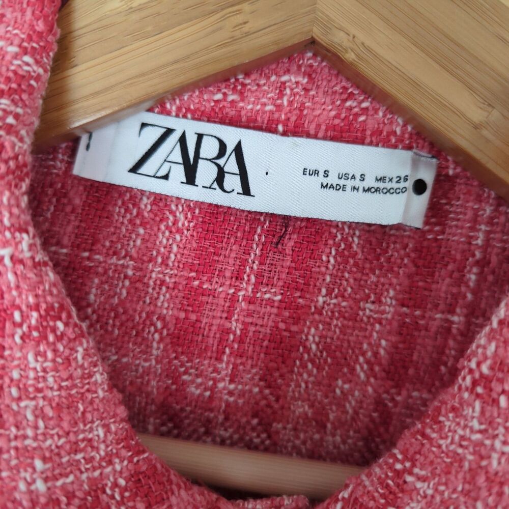 Zara Pink Tweed Button Down Long Sleeve Shirt Shacket Fringe Hem Small Relaxed - Picture 7 of 7